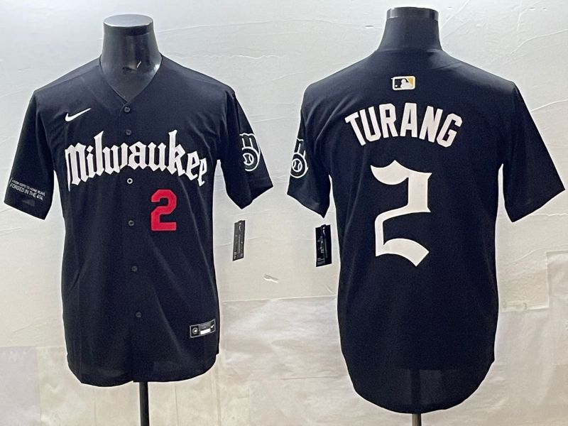 Men 2025 Milwaukee Brewers #2 Turang Black Five generations Joint Name Nike MLB Jersey style 5